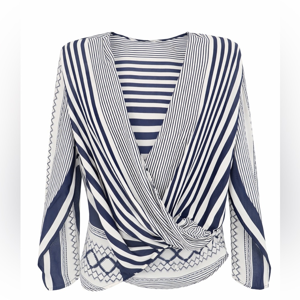 Renee C. Navy & White Striped Wrap Blouse